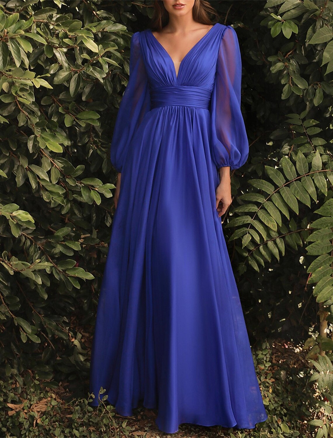 Wholesale A-Line Bridesmaid Dress V Neck Long Sleeve Blue Floor Length Chiffon with Ruching / Solid Color