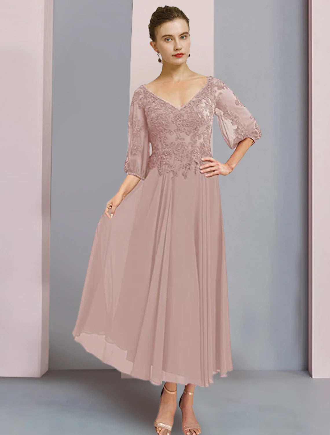 Wholesale  Two Piece A-Line Mother of the Bride Dress Formal Wedding Guest Elegant V Neck Tea Length Chiffon Lace 3/4 Length Sleeve Wrap Included with Pleats Appliques