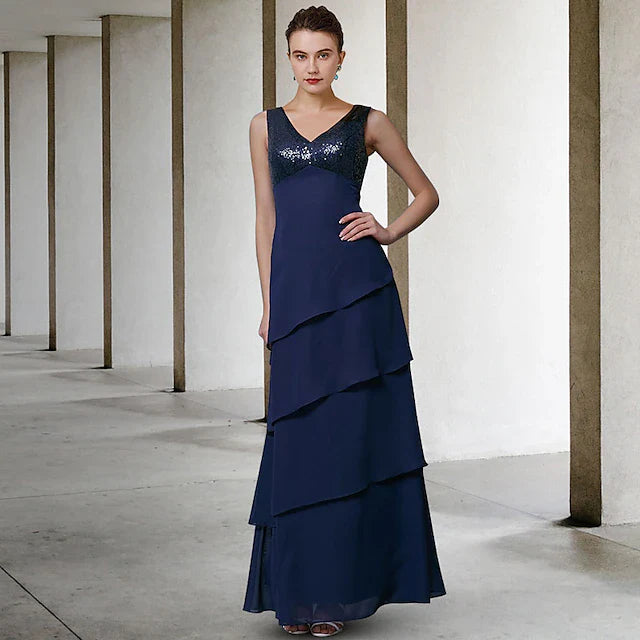 Wholesale A-Line Mother of the Bride Dress Elegant V Neck Floor Length Chiffon Sequined Sleeveless Wrap Included with Sequin Ruffles