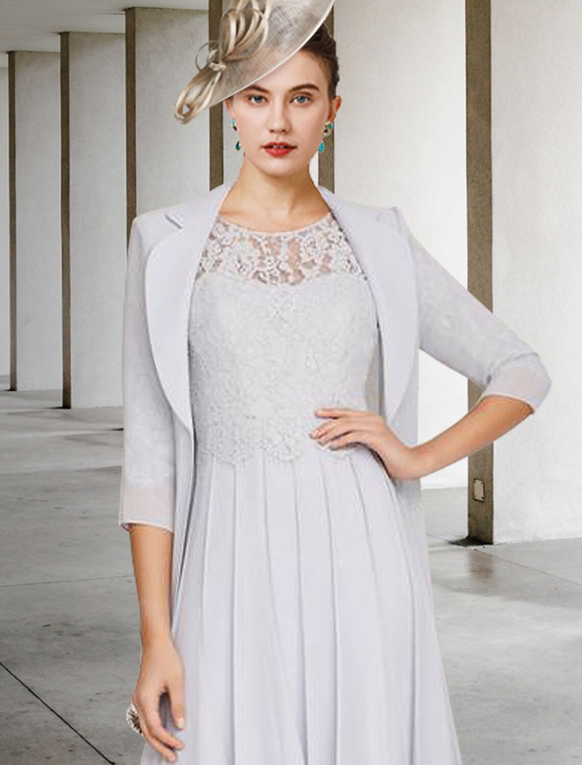 Wholesale  Two Piece A-Line Mother of the Bride Dress Church Elegant V Neck Knee Length Satin Lace Half Sleeve Jacket Dresses with Pleats