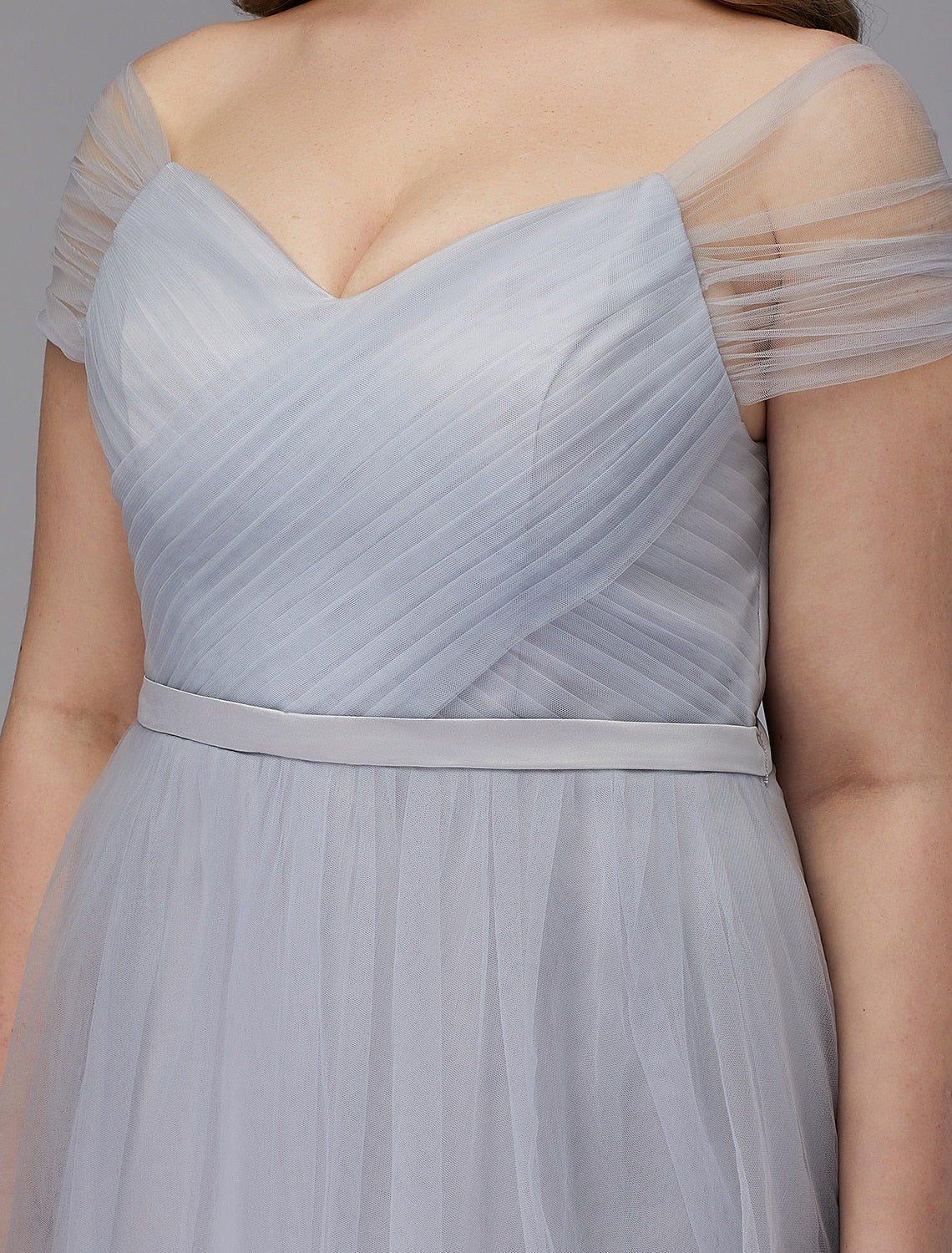 Wholesale A-Line Elegant Dress Wedding Guest Cocktail Party Tea Length Short Sleeve Off Shoulder Tulle with Sash / Ribbon