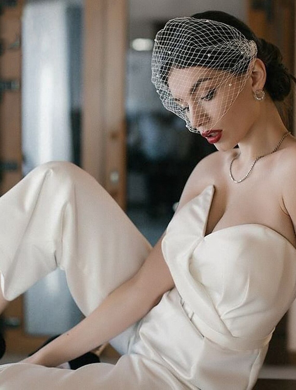 Wholesale One-tier Pearls / European Style Wedding Veil Blusher Veils / Birdcage Veils with Faux Pearl Tulle