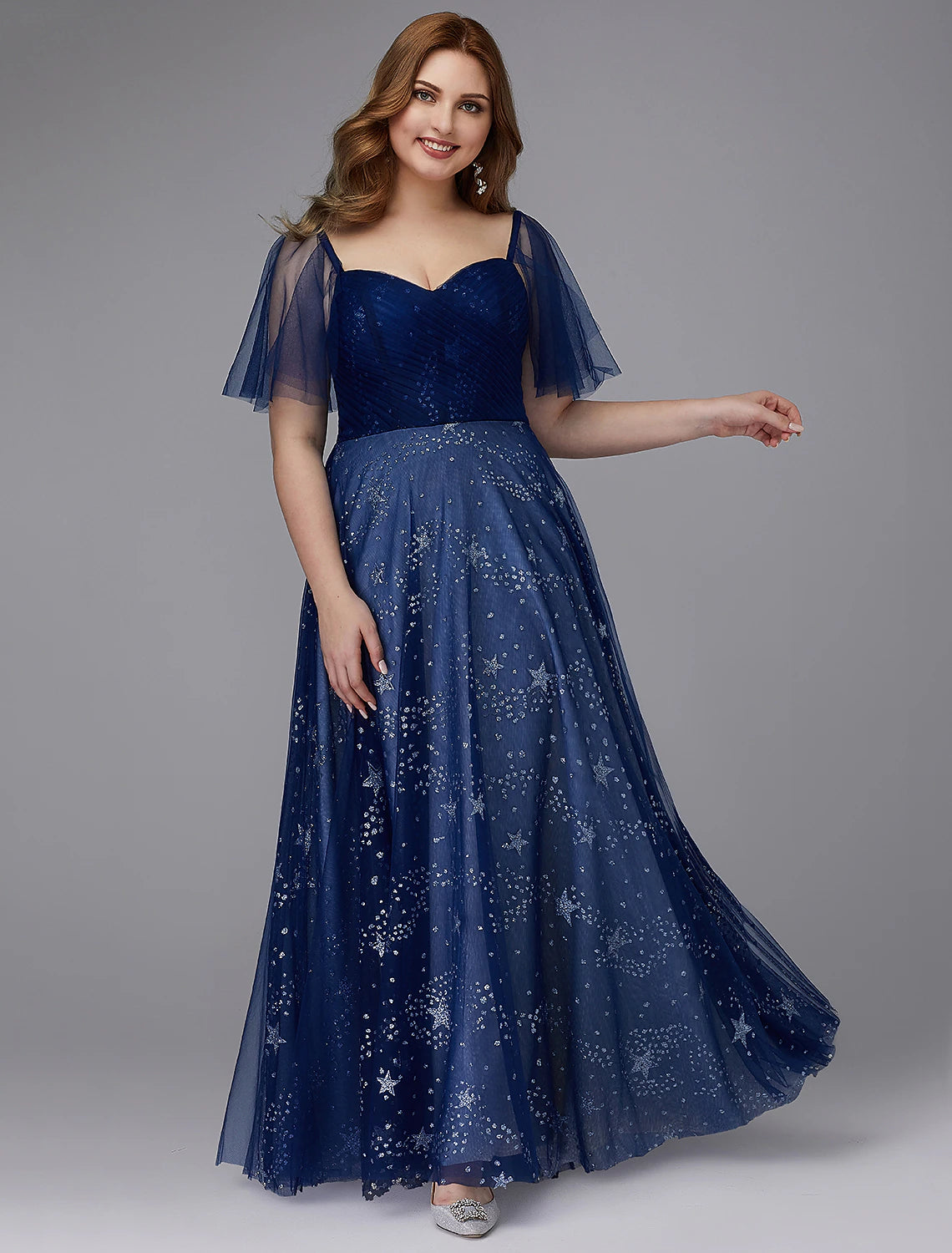 Wholesale  A-Line Plus Size Dress Prom Formal Evening Floor Length Short Sleeve Sweetheart Tulle Lace-up with Beading Pattern / Print