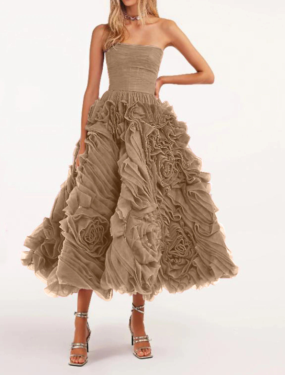 Wholesale A-Line Prom Dresses Floral Dress Masquerade Ankle Length Sleeveless Strapless Tulle Backless with Floral