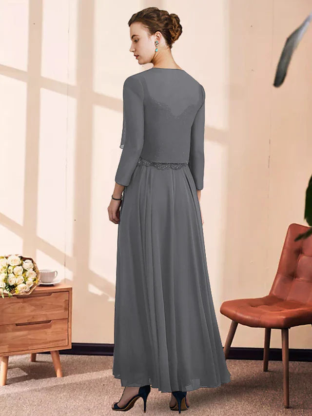 Wholesale Two Piece A-Line Mother of the Bride Dress Elegant V Neck Ankle Length Chiffon Lace Sleeveless with Pleats Appliques