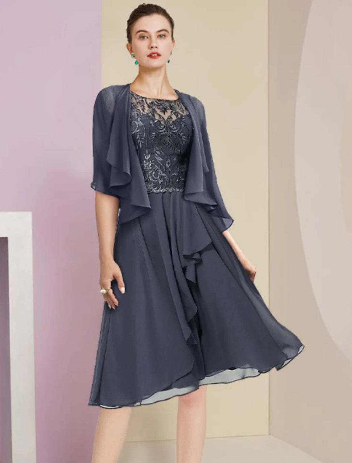 Wholesale  Two Piece A-Line Mother of the Bride Dress Formal Wedding Guest Vintage Elegant Scoop Neck Knee Length Chiffon Lace Short Sleeve Wrap Included with Pleats Appliques