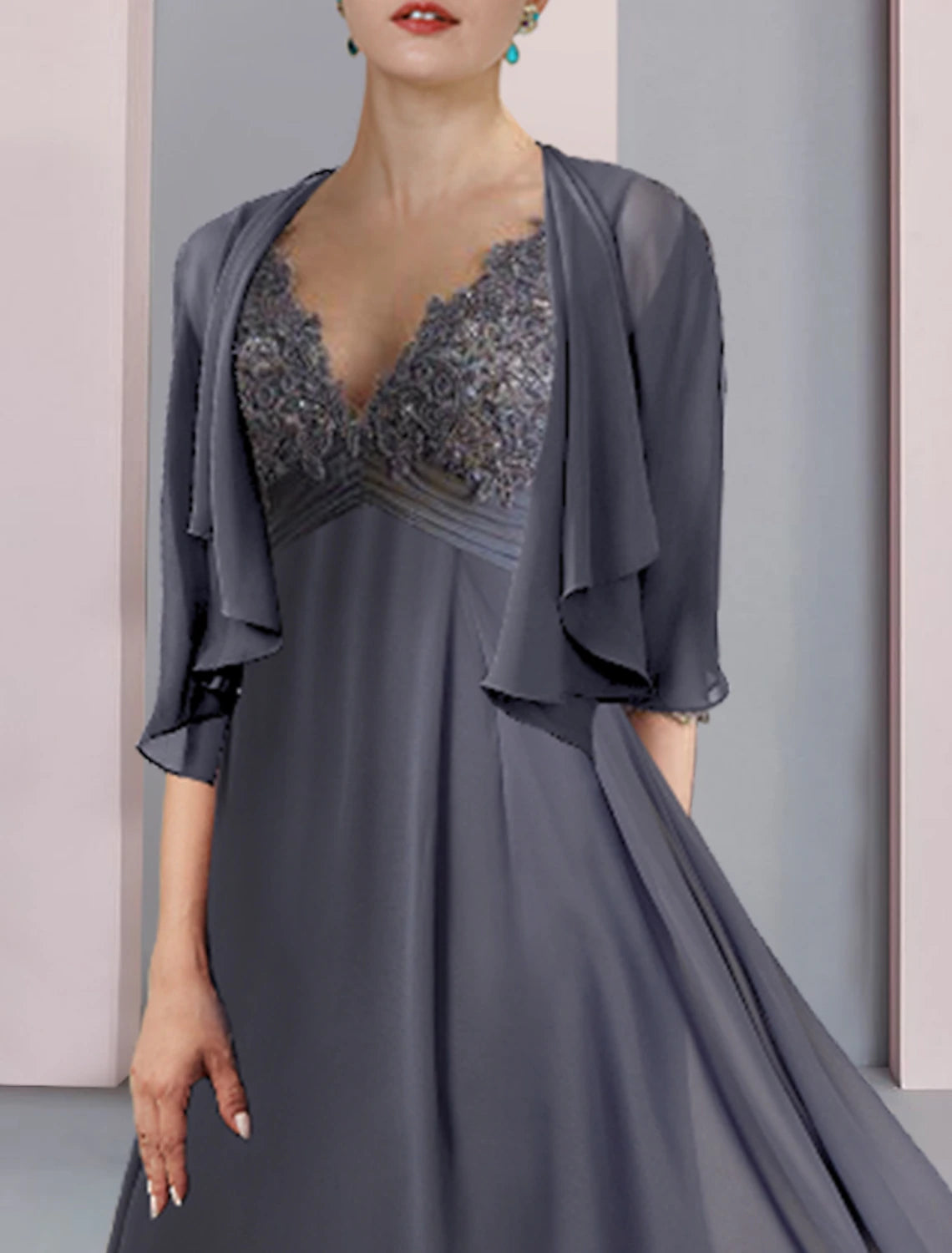 Wholesale  Two Piece Mother of the Bride Dress Formal Wedding Guest Elegant V Neck Tea Length Chiffon Lace Short Sleeve Wrap Included with Ruched Appliques