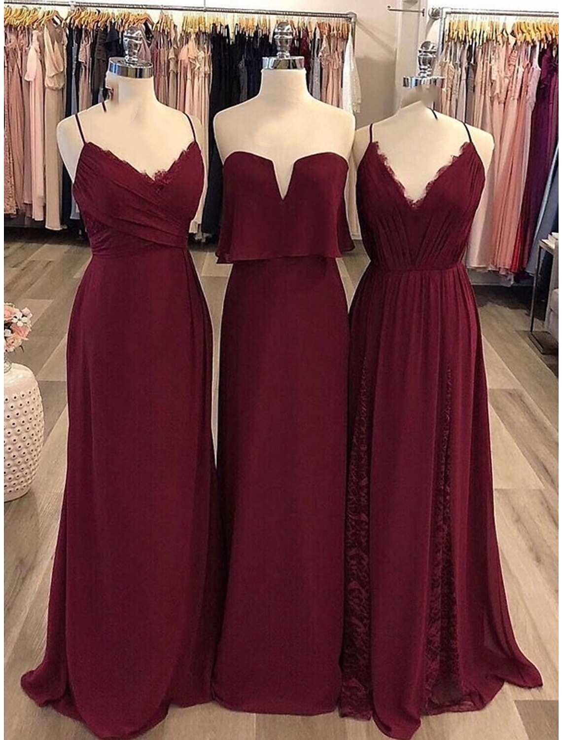 Wholesale  Sheath / Column Bridesmaid Dress Spaghetti Strap / Strapless / V Neck Sleeveless Vintage Floor Length Chiffon with Lace / Ruching