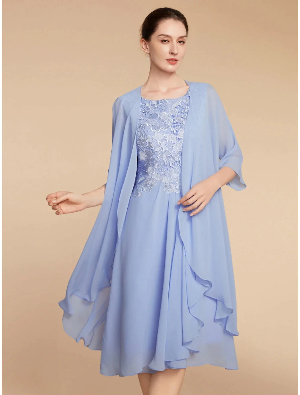 Wholesale Two Piece Sheath / Column Mother of the Bride Dress Wedding Guest Elegant Petite Scoop Neck Knee Length Chiffon Lace Half Sleeve with Ruching Solid Color