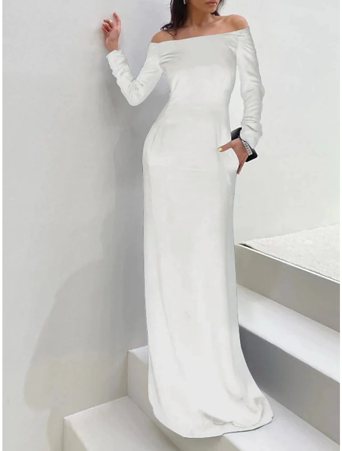 Wholesale Sheath / Column Wedding Guest Dresses Maxi Dress Formal Black Tie Gala Floor Length Long Sleeve Off Shoulder Velvet with Pure Color