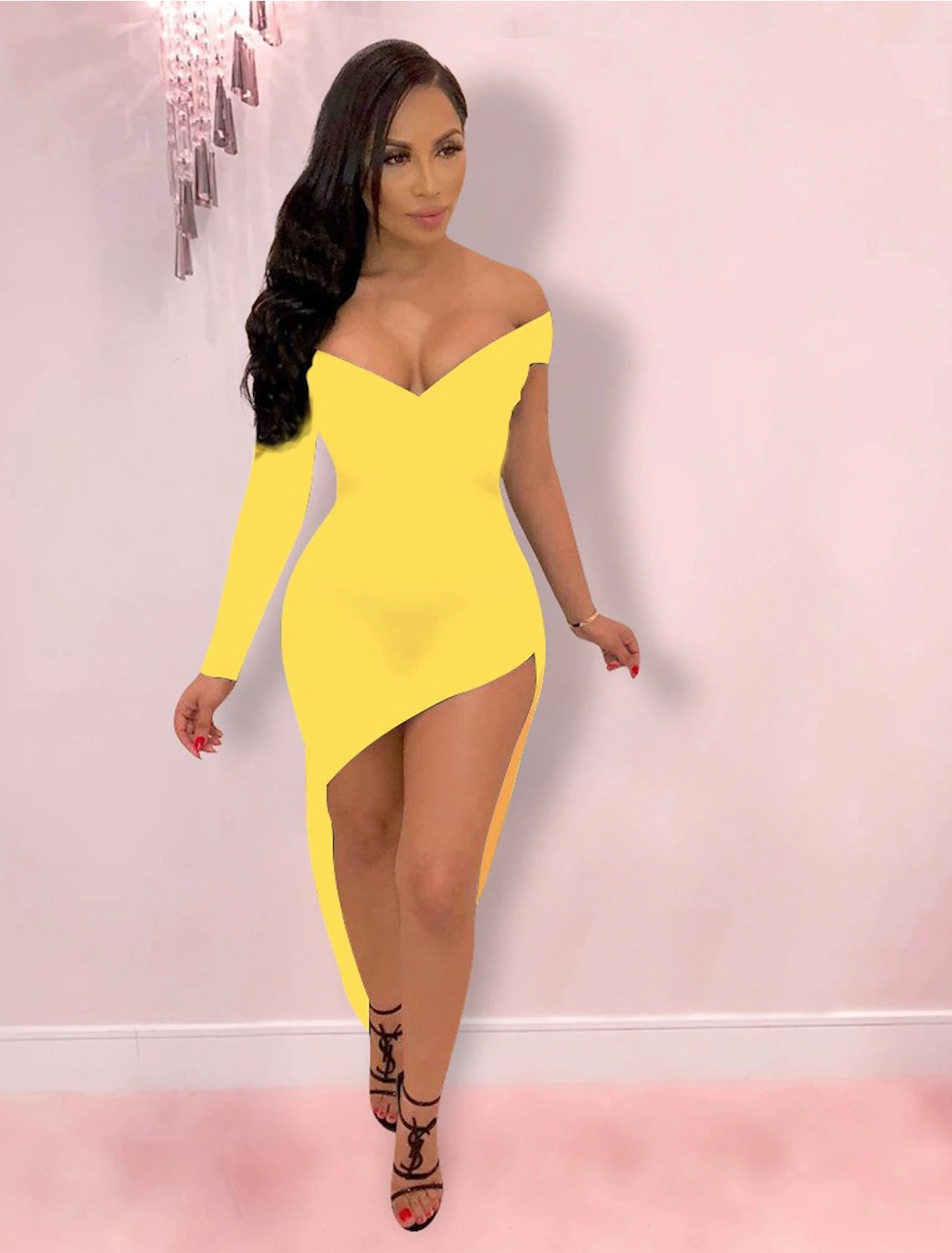 Wholesale Hot Sexy Holiday Party Wear Club Dress High Slit V Neck off Shoulder Long Sleeve Bodycon Asymmetrical Spandex with Sleek