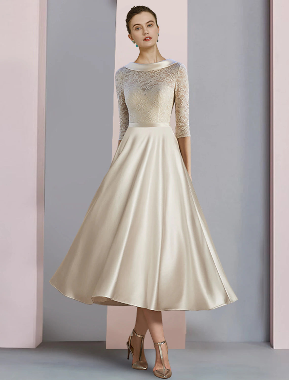 Wholesale  Sheath / Column Mother of the Bride Dress Wedding Guest Party Elegant Scoop Neck Tea Length Satin Lace Half Sleeve with Bow(s) Pleats