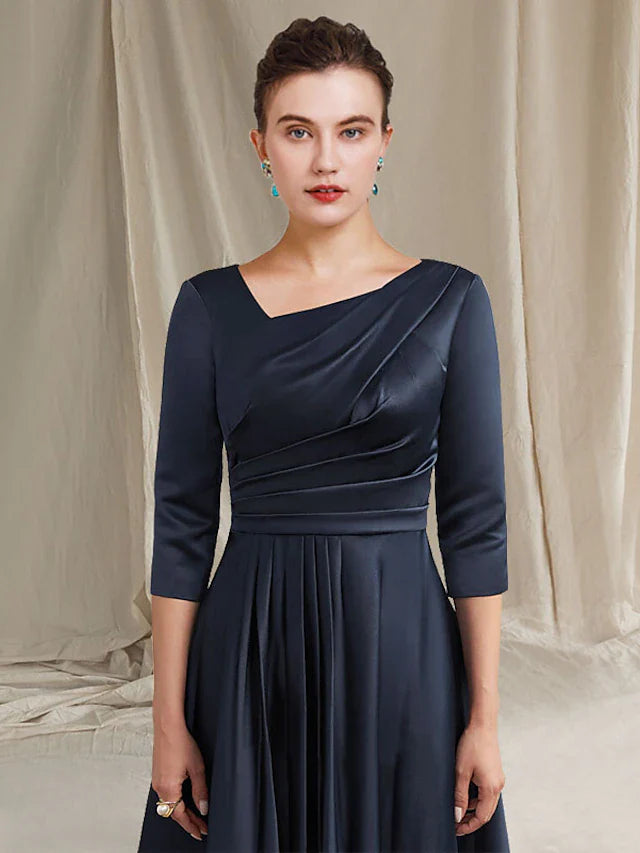 Wholesale A-Line Mother of the Bride Dress Elegant Bateau Neck V Neck Tea Length Satin Half Sleeve with Pleats Ruched