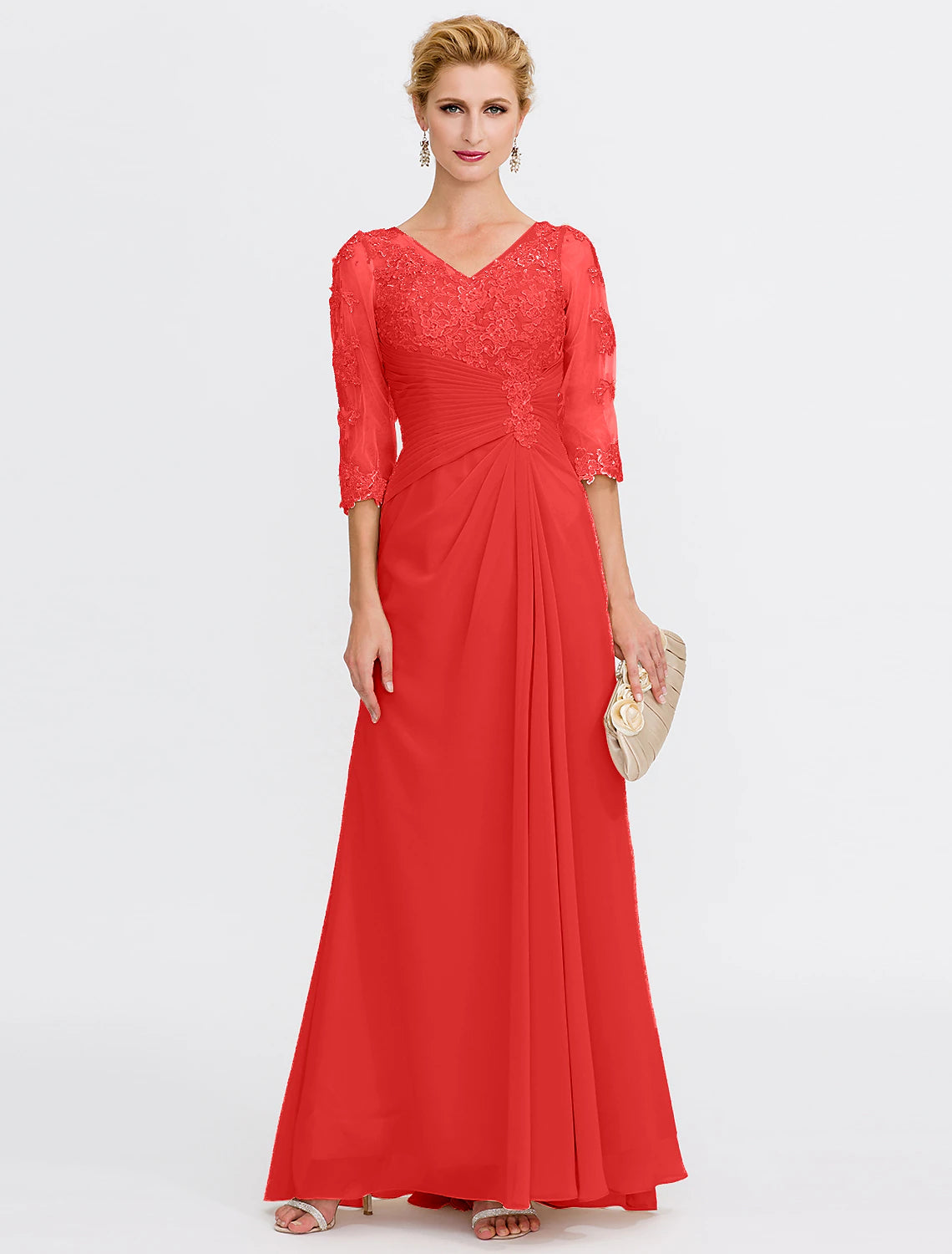 Wholesale  A-Line Mother of the Bride Dress Fall Wedding Guest Dresses Plus Size Elegant See Through V Neck Floor Length Chiffon Half Sleeve with Appliques Side Draping