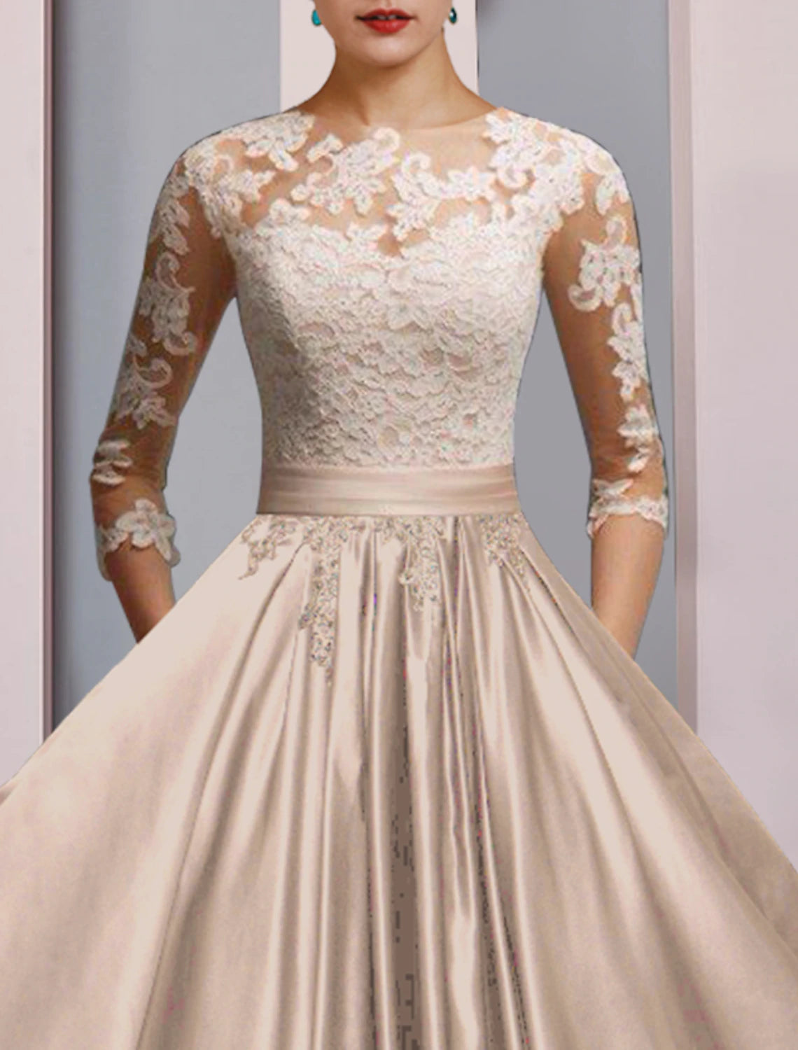 Wholesale  A-Line Mother of the Bride Dress Formal Wedding Guest Party Elegant Scoop Neck Ankle Length Satin Lace 3/4 Length Sleeve with Pleats Appliques