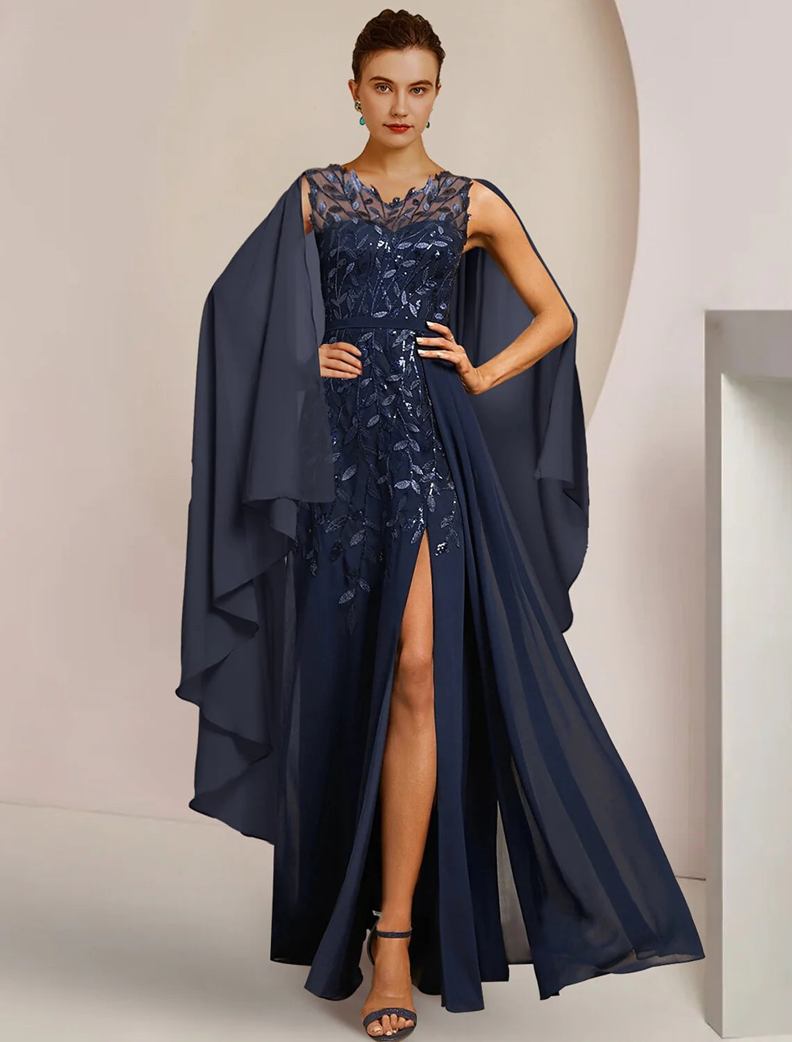 Wholesale A-Line Mother of the Bride Dress Formal Wedding Guest Elegant V Neck Floor Length Chiffon Sequined Sleeveless with Appliques Split Front