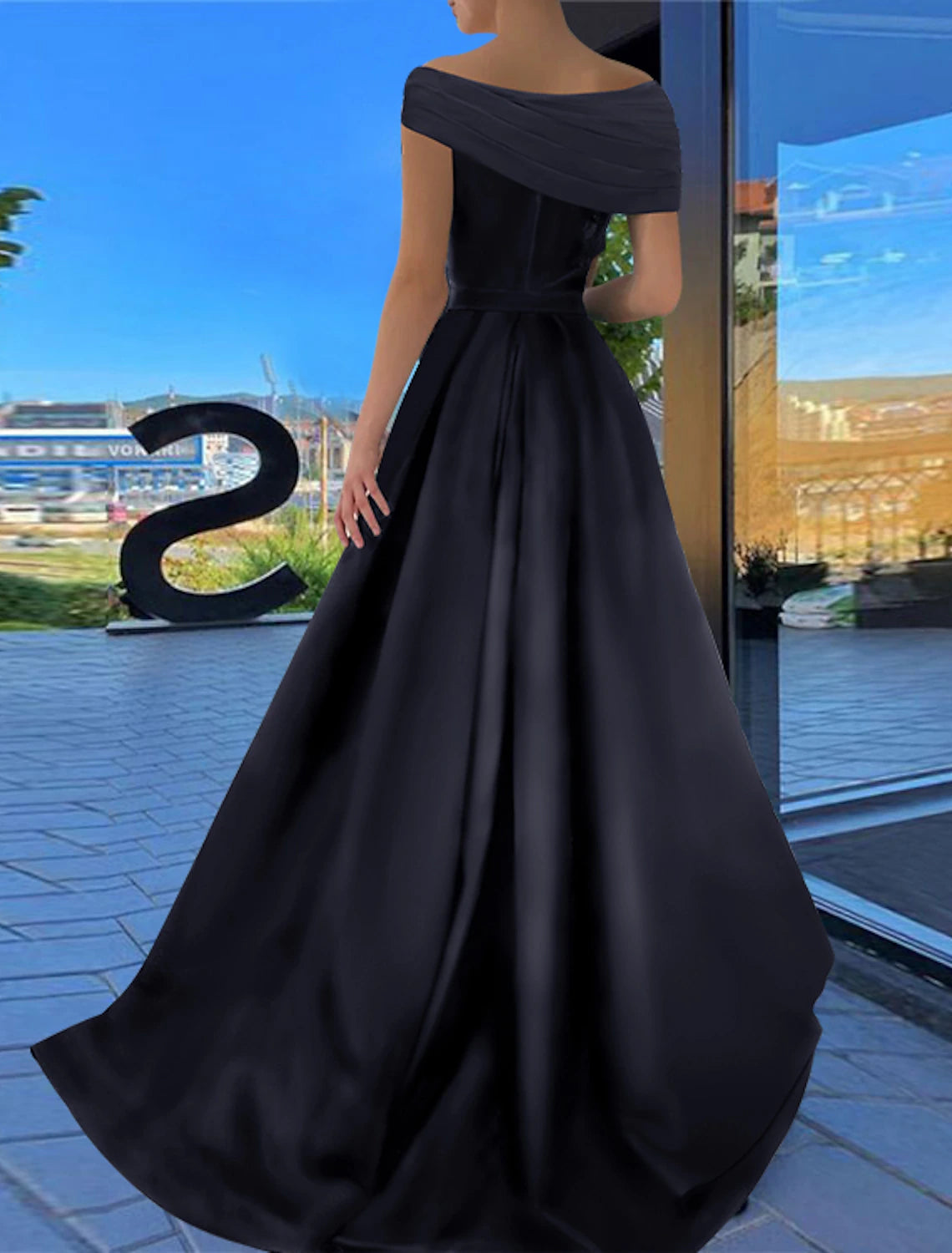 Wholesale Black A-Line Prom Dresses Little Black Dress Dress Formal Wedding Party Floor Length Short Sleeve Off Shoulder Satin with Ruched Slit