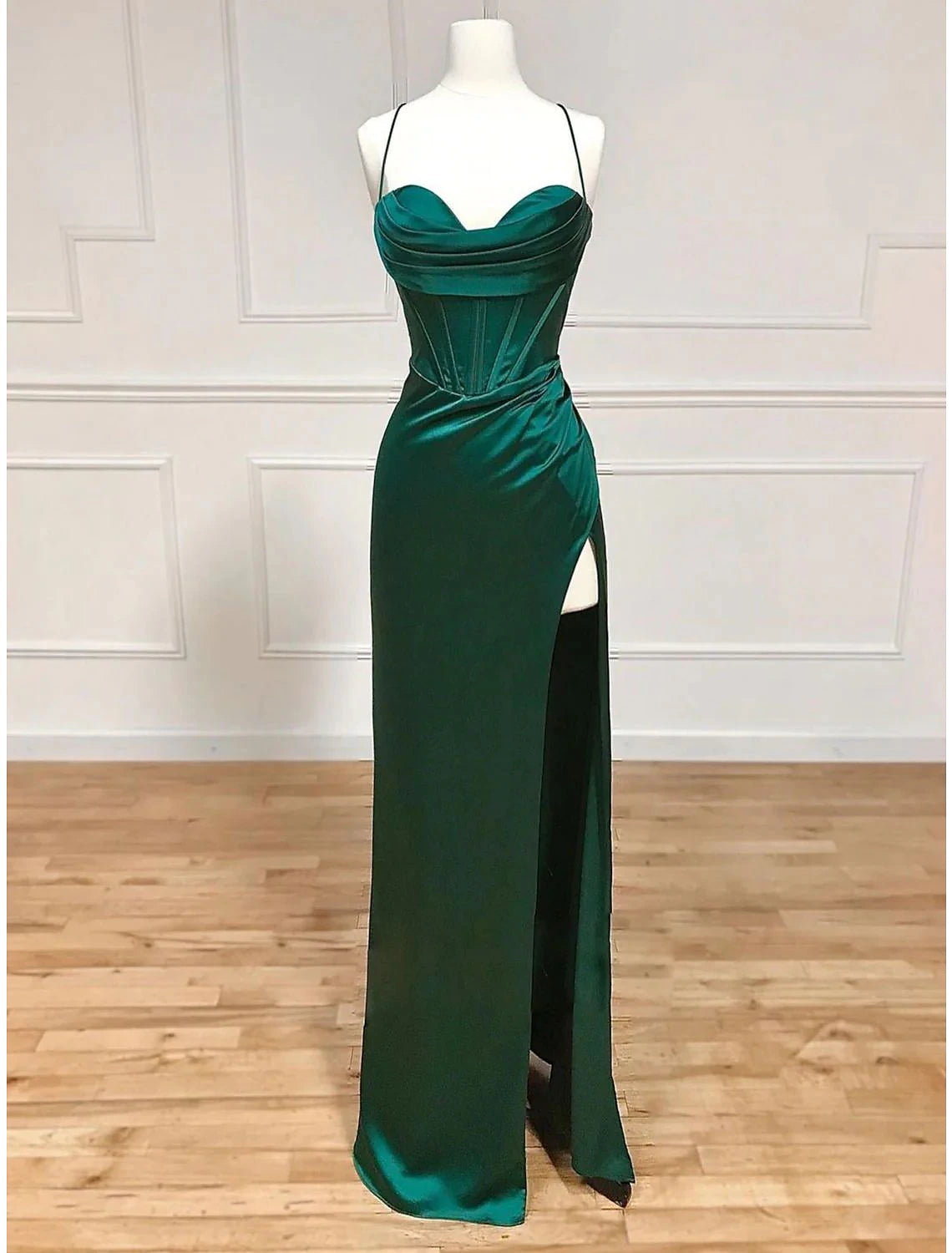 Wholesale Sheath / Column Evening Gown Empire Dress Formal Wedding Party Floor Length Sleeveless Spaghetti Strap Satin Backless with Pleats
