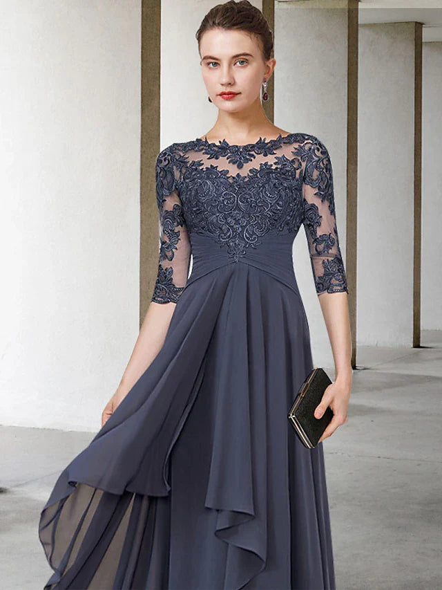 Wholesale A-Line Mother of the Bride Dress Plus Size Elegant Jewel Neck Floor Length Chiffon Lace 3/4 Length Sleeve with Pleats Ruched Appliques