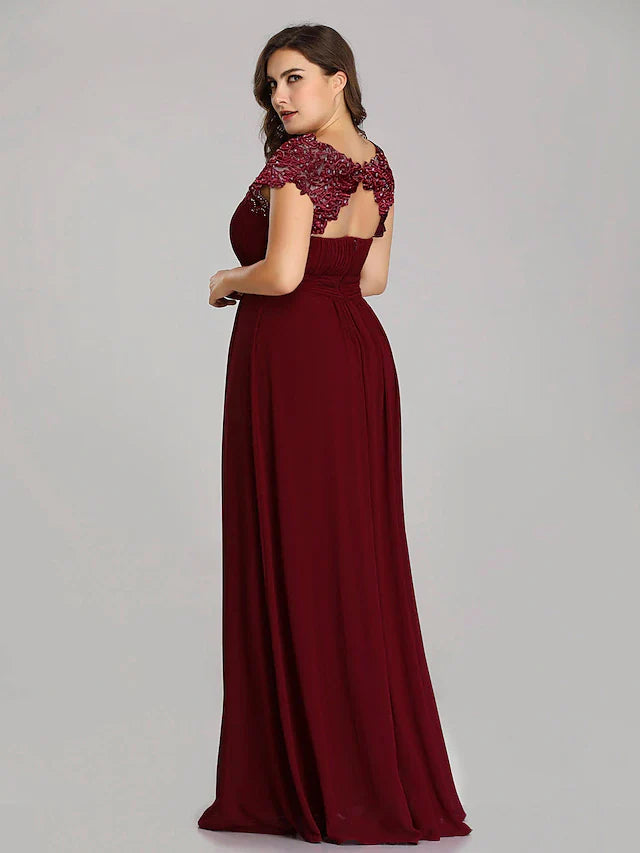 Wholesale A-Line Mother of the Bride Dress Plus Size Jewel Neck Floor Length Chiffon Short Sleeve with Lace Ruching