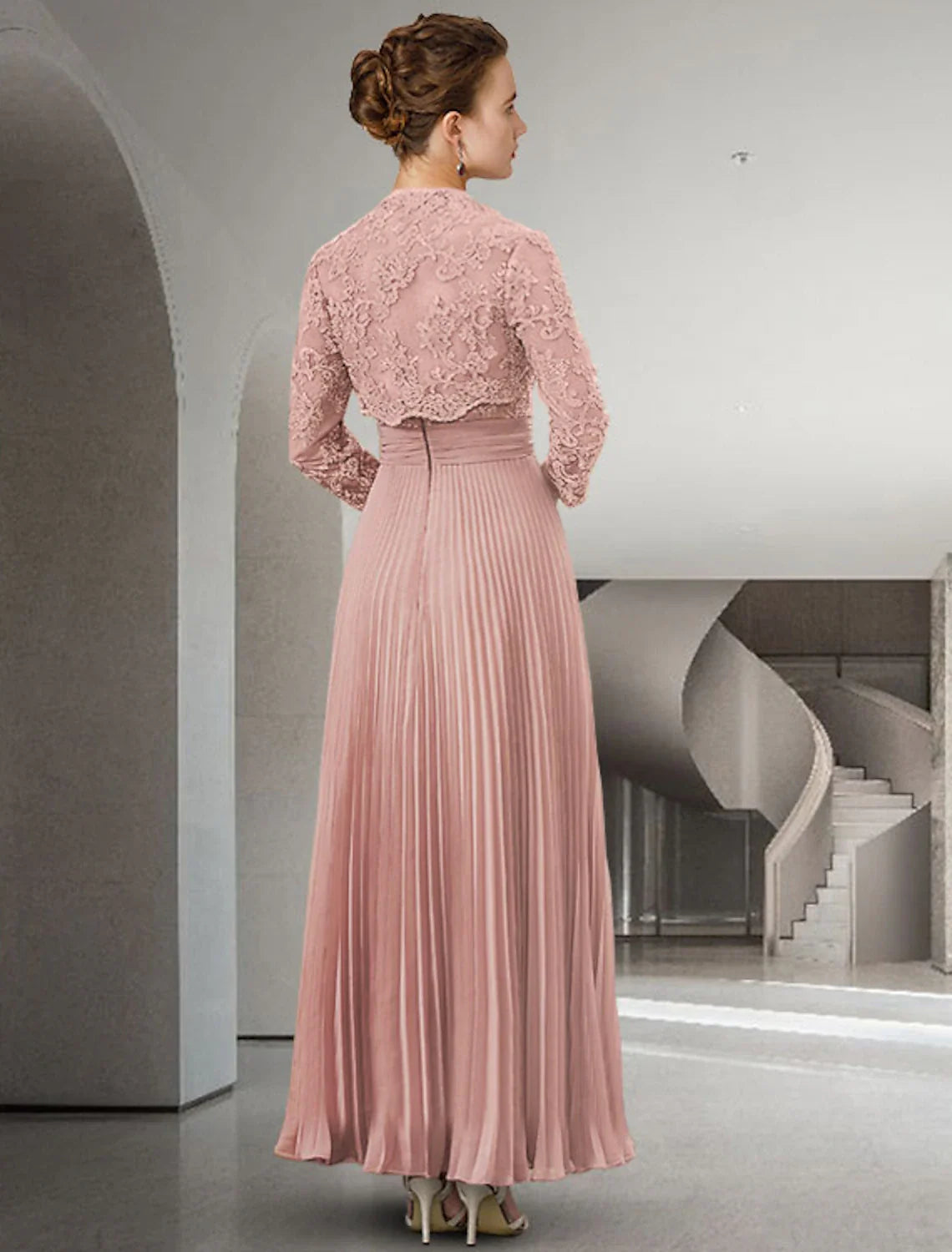 Wholesale Two Piece A-Line Mother of the Bride Dress Elegant Sweetheart Ankle Length Chiffon Lace Long Sleeve with Jacket Wrap Included Pleats Appliques