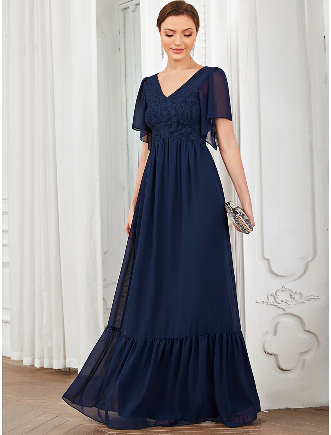 Wholesale  A-Line Prom Dresses Elegant Dress Party Wear Wedding Guest Floor Length Short Sleeve V Neck Chiffon with Pleats