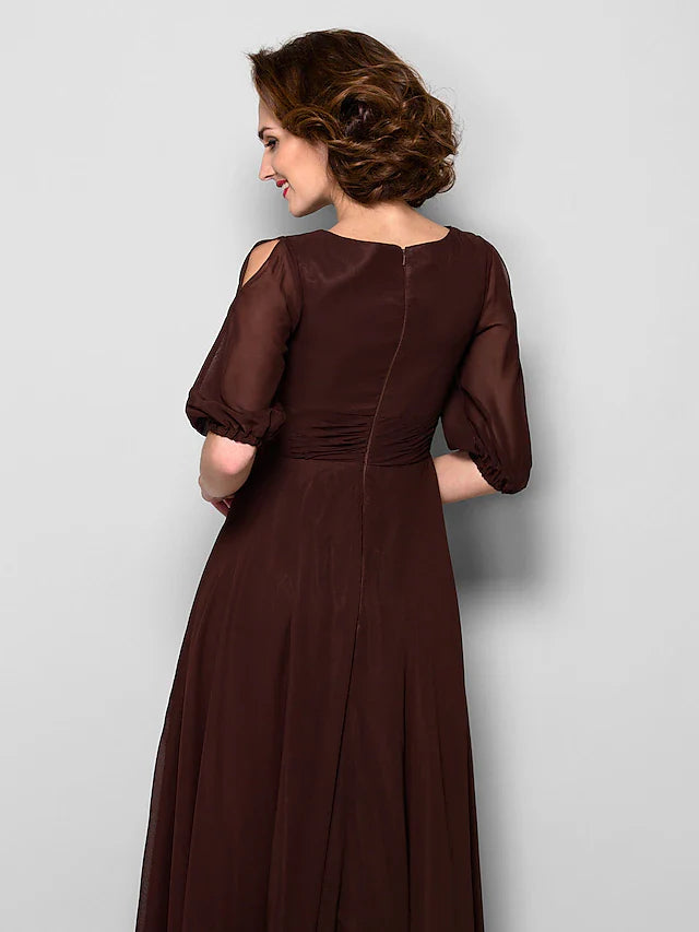 Wholesale A-Line Mother of the Bride Dress Elegant Jewel Neck Ankle Length Chiffon Half Sleeve with Sash / Ribbon Ruched