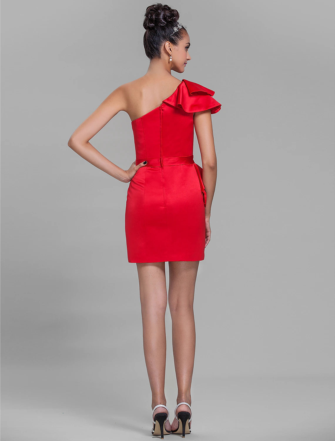 Wholesale Sheath / Column One Shoulder Short / Mini Satin Bridesmaid Dress with Sash / Ribbon / Ruffles