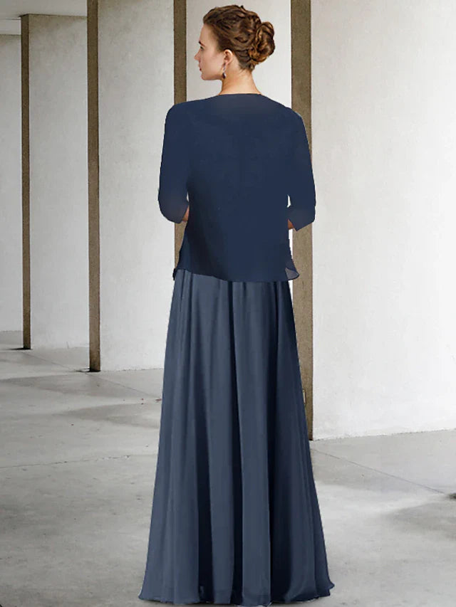 Wholesale Two Piece A-Line Mother of the Bride Dress Plus Size Elegant High Low V Neck Asymmetrical Floor Length Chiffon Lace Half Sleeve Wrap Included Jacket Dresses with Pleats Appliques