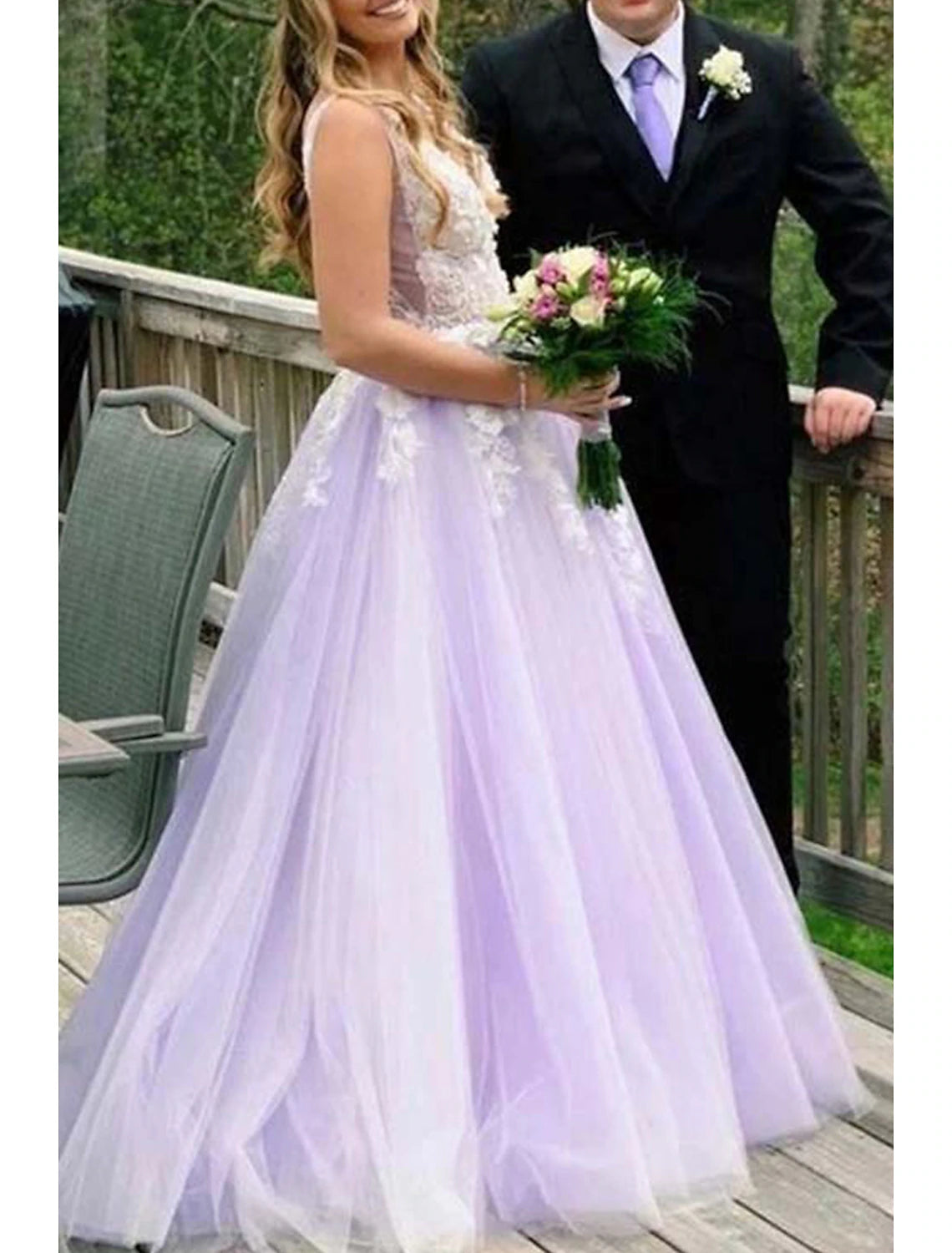 Wholesale  Ball Gown A-Line Prom Dresses Color Block Dress Formal Prom Floor Length Sleeveless V Neck Tulle Backless V Back with Beading Appliques