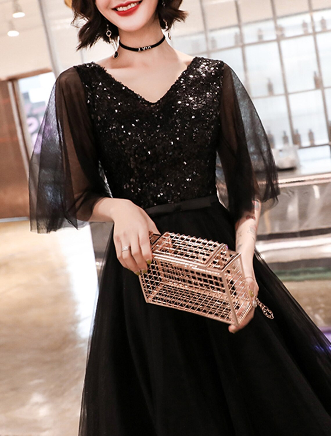 Wholesale A-Line Evening Gown Sparkle Dress Wedding Guest Formal Evening Floor Length Half Sleeve V Neck Tulle with Sequin