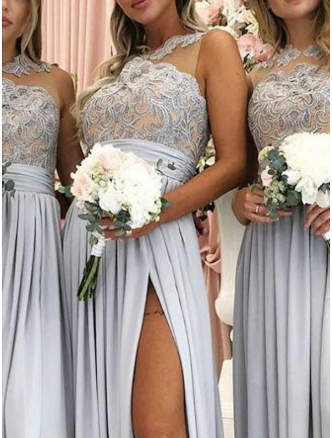 Wholesale Sheath / Column Bridesmaid Dress Jewel Neck Sleeveless Vintage Floor Length Stretch Chiffon with Lace / Pleats / Split Front