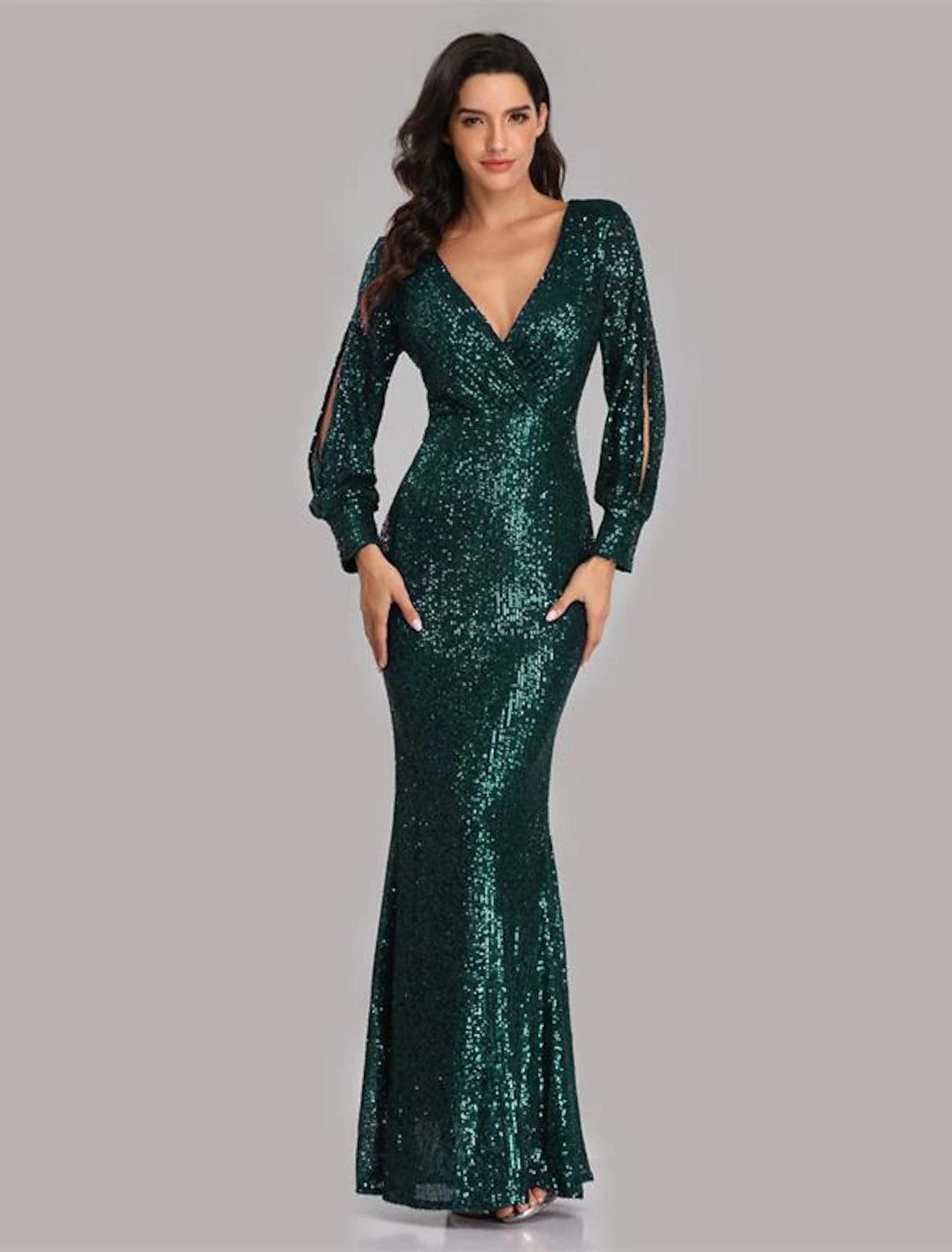 Wholesale  Mermaid / Trumpet Evening Gown Sparkle Dress Party Wear Wedding Guest Floor Length Long Sleeve V Neck Sequined with Sequin
