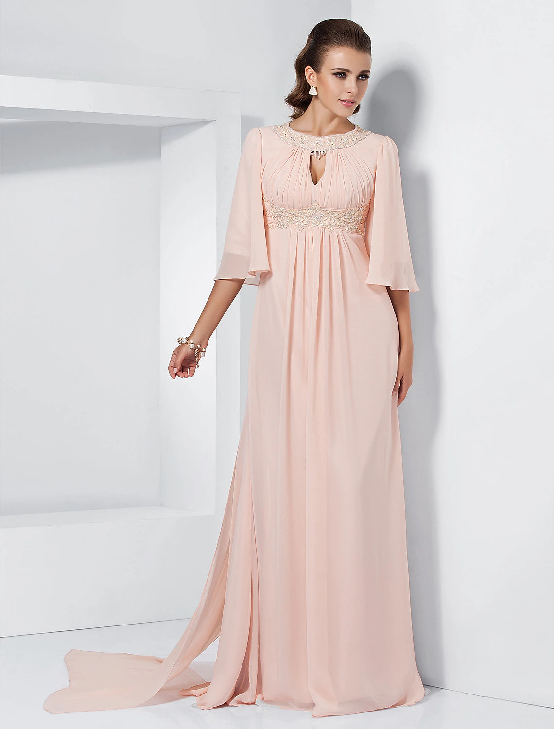 Wholesale  A-Line Special Occasion Dresses Elegant Dress Wedding Guest Formal Evening Sweep / Brush Train Half Sleeve Jewel Neck Chiffon with Beading Draping