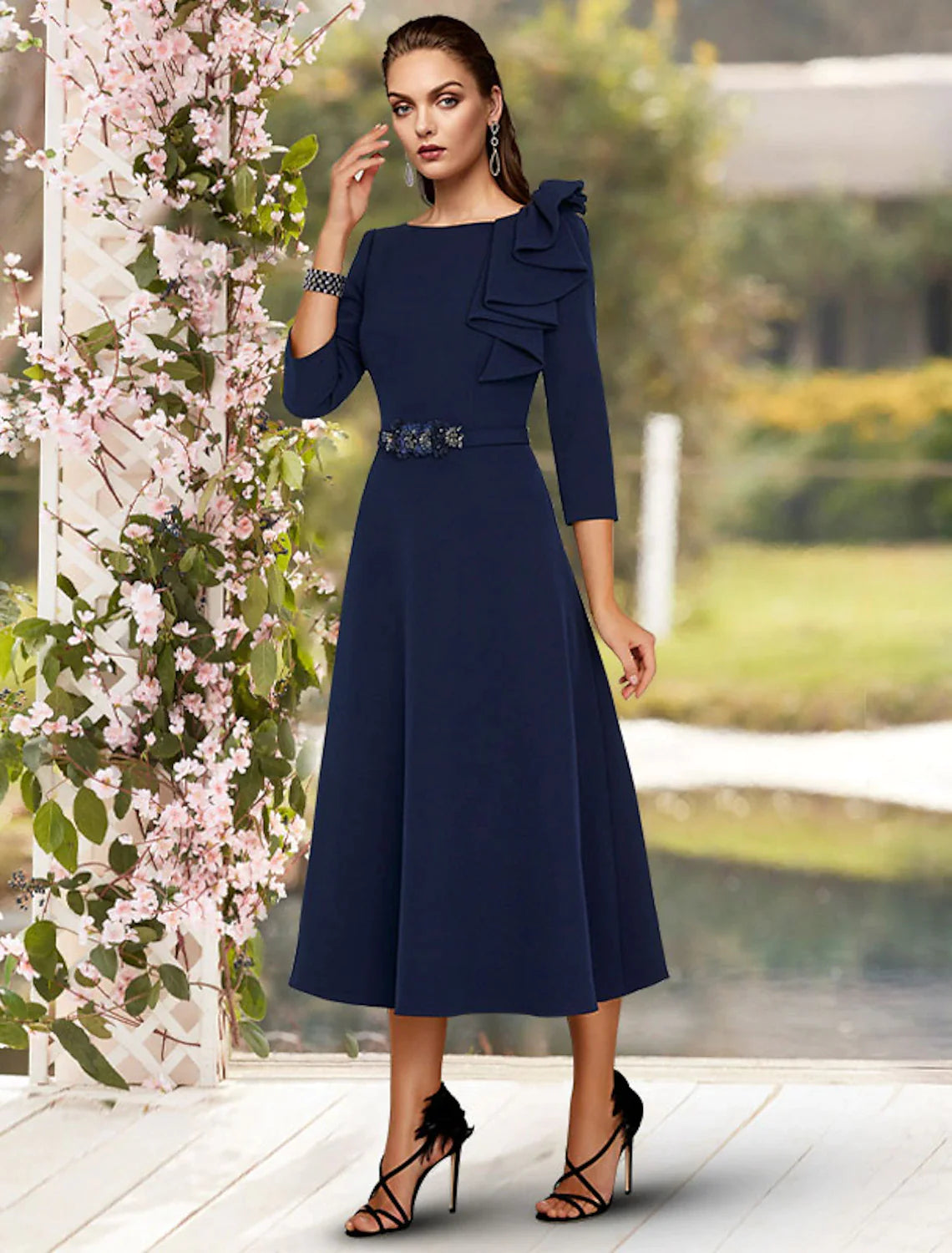 Wholesale A-Line Mother of the Bride Dress Wedding Guest Elegant Jewel Neck Tea Length Stretch Fabric 3/4 Length Sleeve with Sash / Ribbon Side Draping Fall
