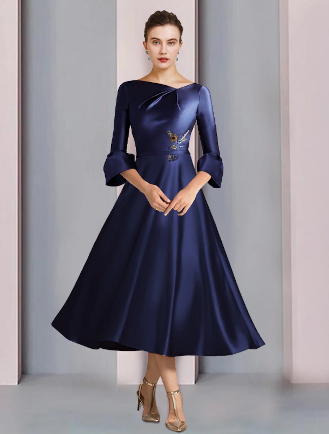Wholesale  A-Line Mother of the Bride Dress Formal Wedding Guest Elegant Bateau Neck Tea Length Satin 3/4 Length Sleeve with Pleats Beading