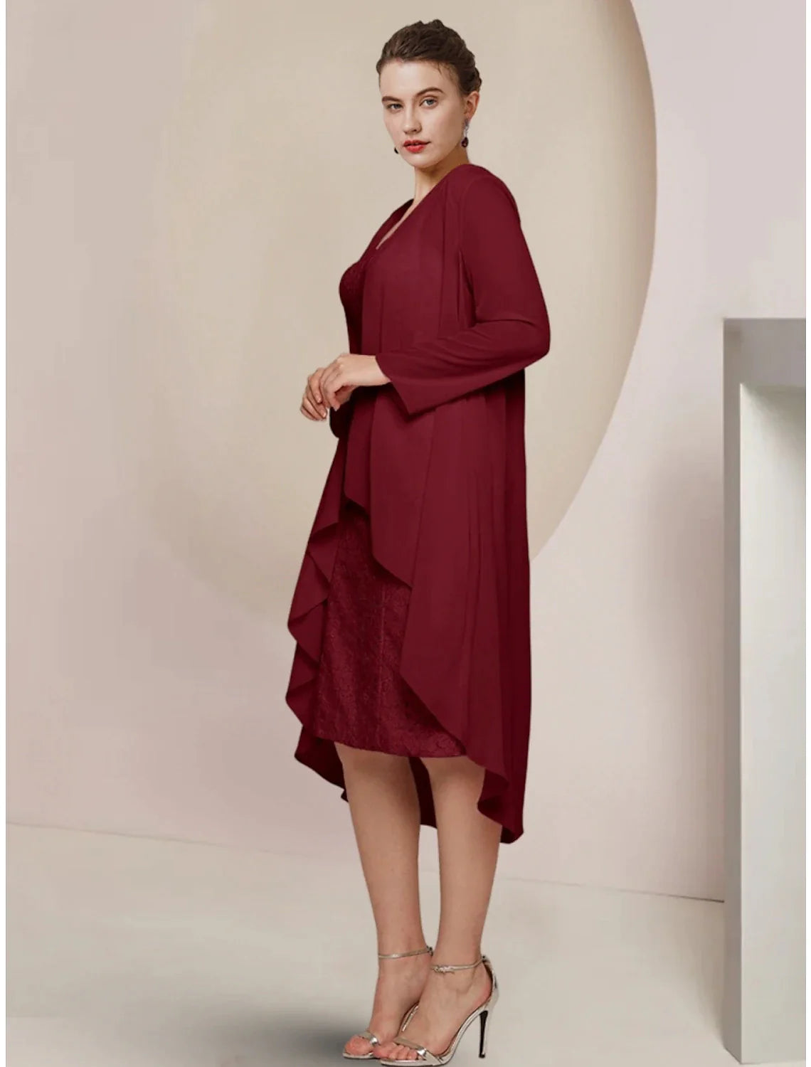 Wholesale A-Line Mother of the Bride Dress Wedding Guest Elegant Petite Square Neck Knee Length Chiffon Long Sleeve with Ruching Solid Color