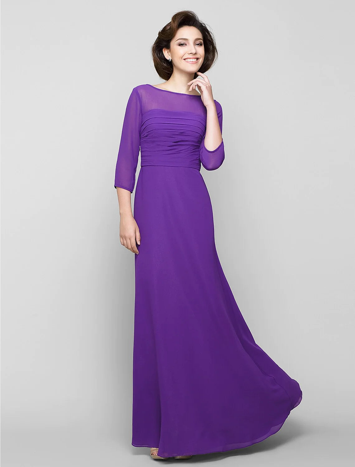 Wholesale A-Line Mother of the Bride Dress Elegant Scoop Neck Ankle Length Chiffon 3/4 Length Sleeve No with Ruched