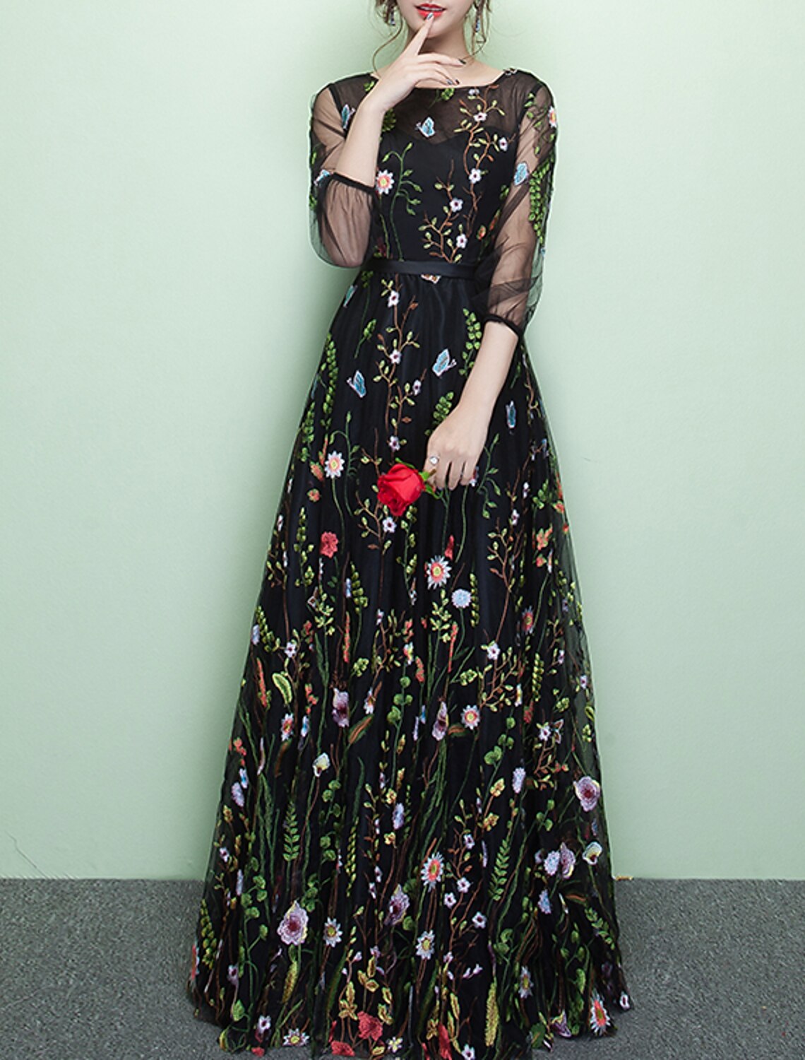 Wholesale A-Line Prom Dresses Floral Dress Party Wear Wedding Guest Floor Length 3/4 Length Sleeve Jewel Neck Lace with Embroidery