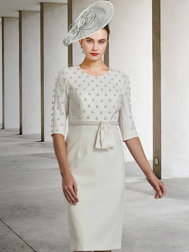 Wholesale Sheath / Column Mother of the Bride Dress Luxurious Elegant Jewel Neck Knee Length Lace Charmeuse Half Sleeve with Sash / Ribbon Beading