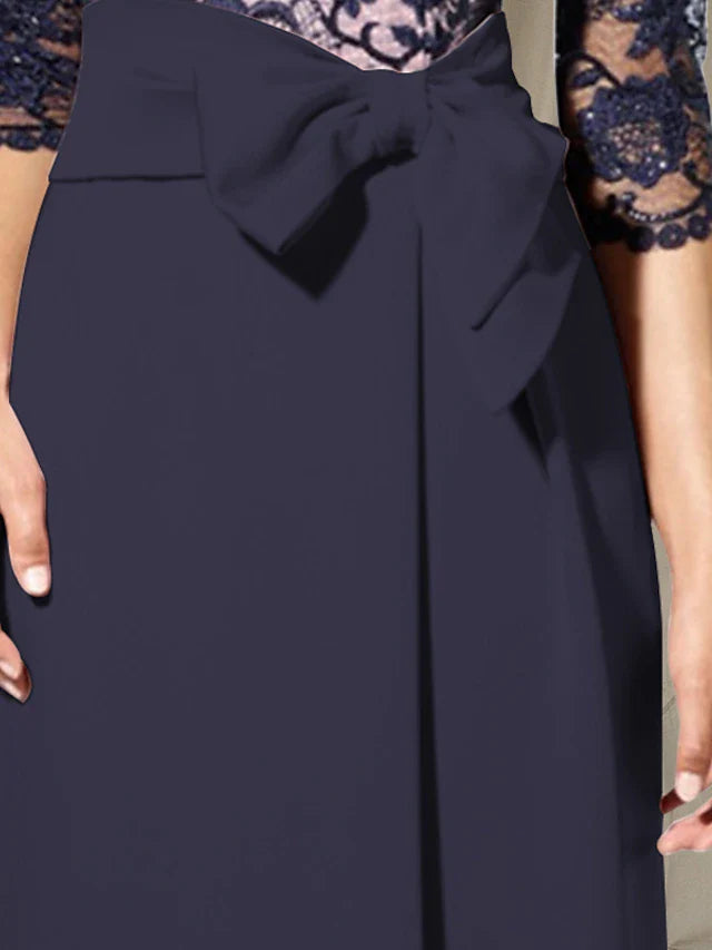 Wholesale Sheath / Column Mother of the Bride Dress Elegant Jewel Neck Floor Length Chiffon Lace 3/4 Length Sleeve with Bow(s) Color Block