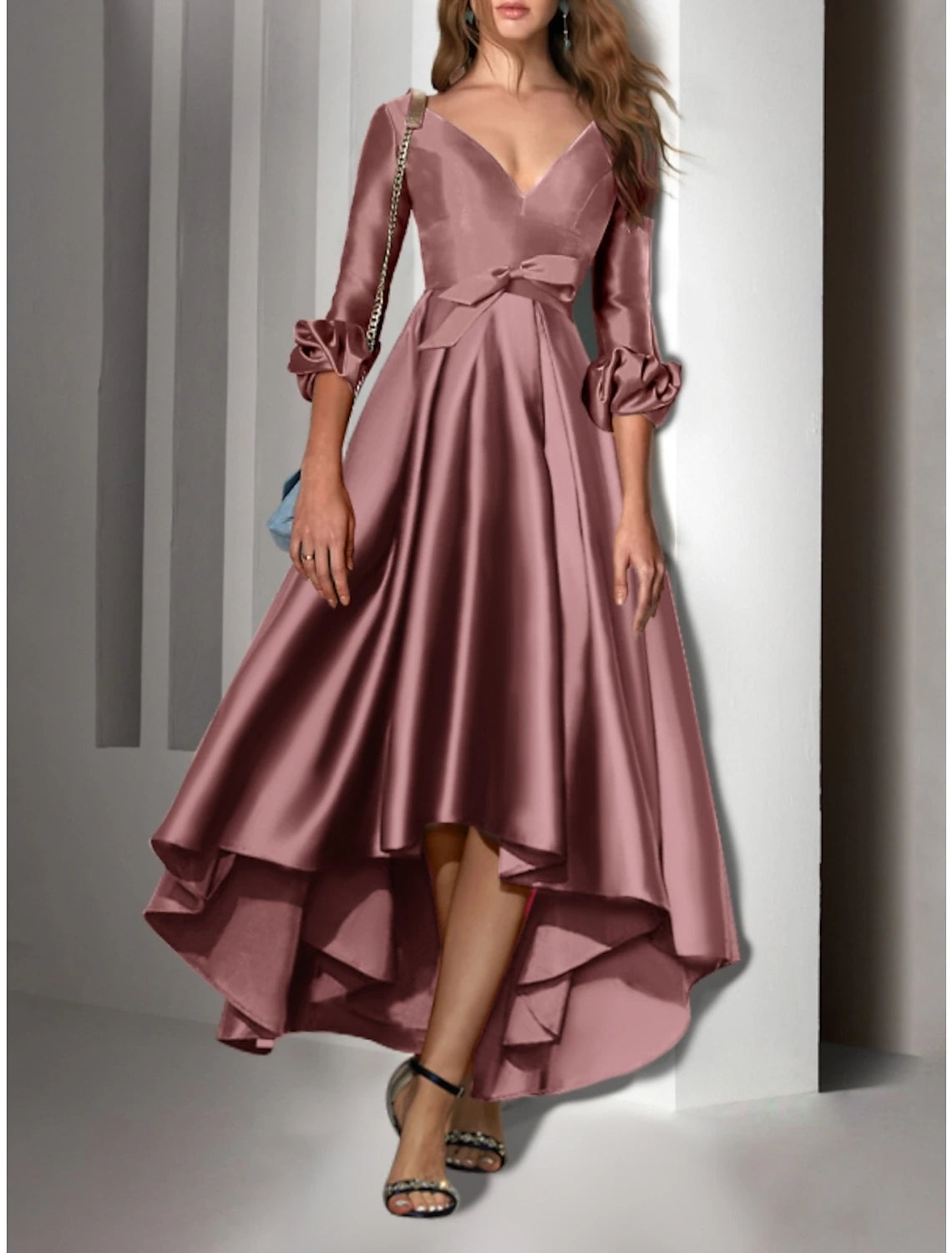 Wholesale A-Line Cocktail Dresses Elegant Dress Wedding Guest Birthday Asymmetrical 3/4 Length Sleeve V Neck Satin with Bow(s) Pleats