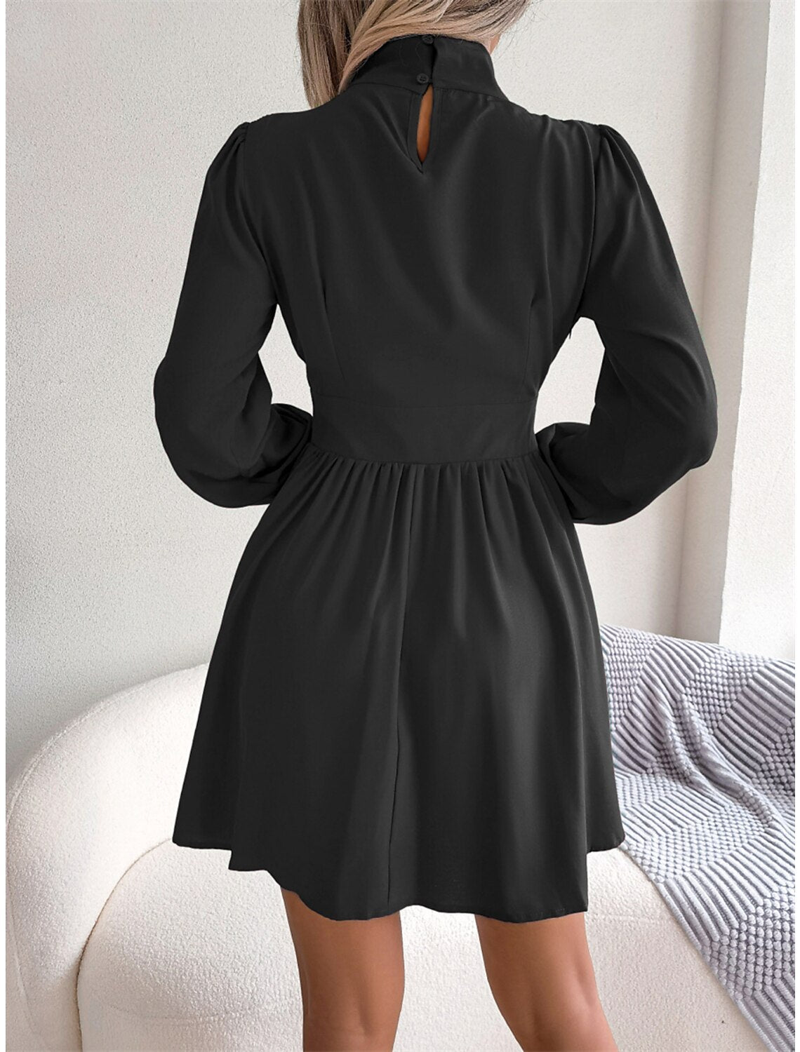 Wholesale Women‘s Christmas Party Dress Cut Out Dress Cocktail Dress Mini Dress Black White Wine Long Sleeve Pure Color Ruched Spring Fall Winter Stand Collar Fashion Wedding Guest Birthday Vacation