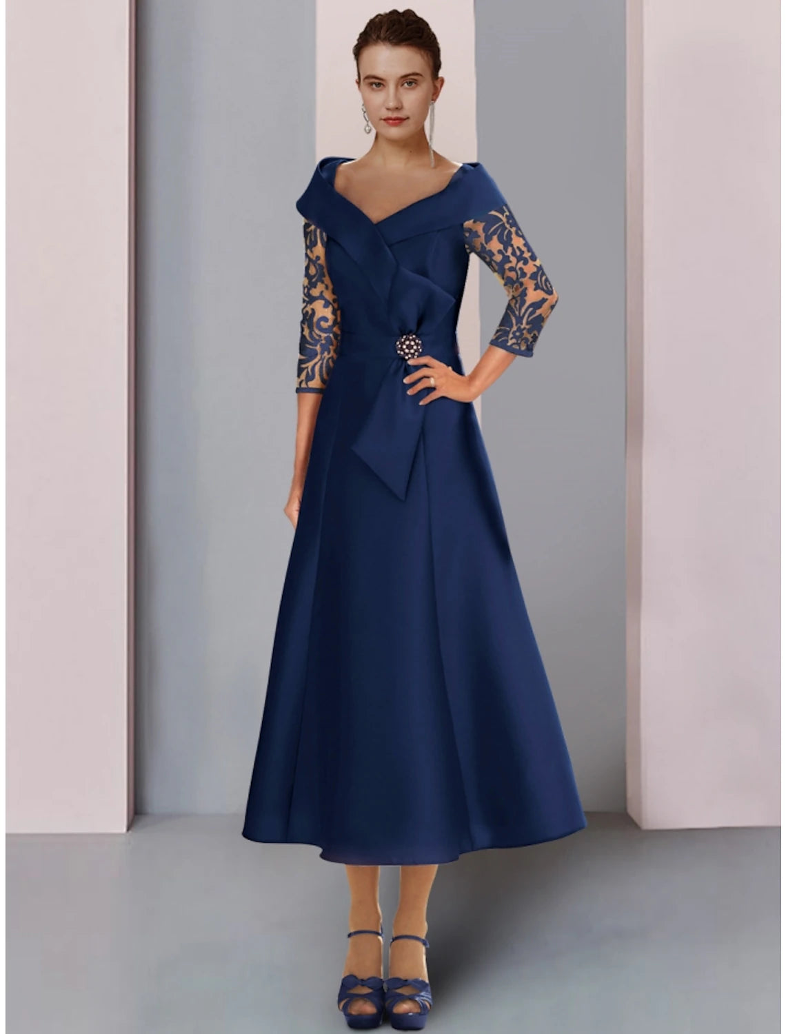 Wholesale A-Line Mother of the Bride Dress Wedding Guest Elegant Petite V Neck Tea Length Satin Lace 3/4 Length Sleeve with Bow(s) Crystal Brooch Ruching