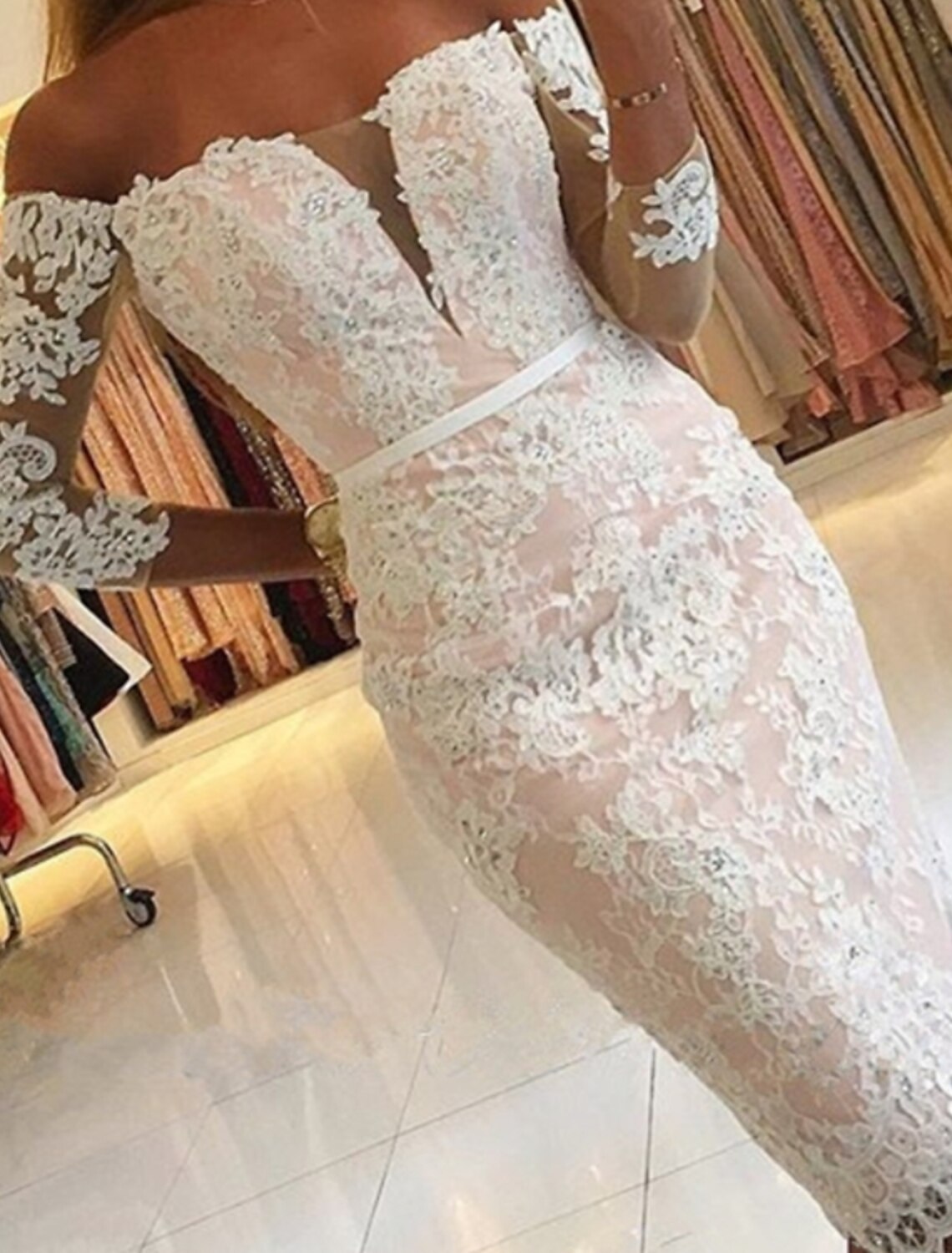 Wholesale Mermaid / Trumpet Prom Dresses Elegant Dress Wedding Guest Engagement Knee Length 3/4 Length Sleeve Off Shoulder Lace with Appliques