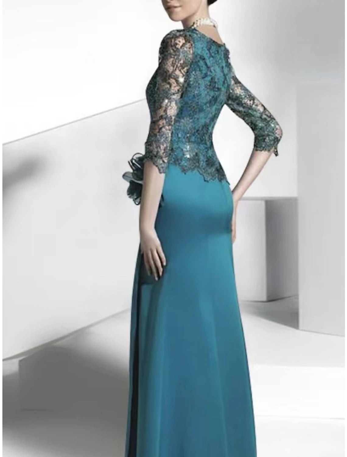 Wholesale Sheath / Column Mother of the Bride Dress Elegant Party Scoop Neck Floor Length Satin Lace Half Sleeve with Appliques Ruching