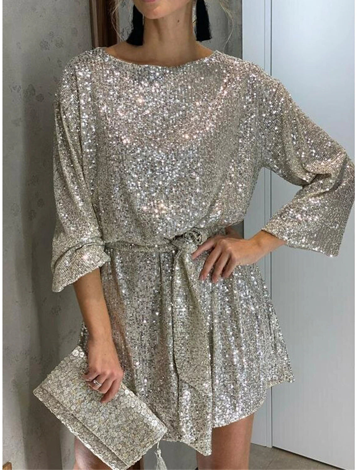 Wholesale Women's Gold Sequin Dress Party Dress New Year's Eve Dress Sparkly Dress Black Dress Homecoming Cocktail Dress Mini Dress Silver White Long Sleeve Sparkly Glitter Lace up Winter Dress
