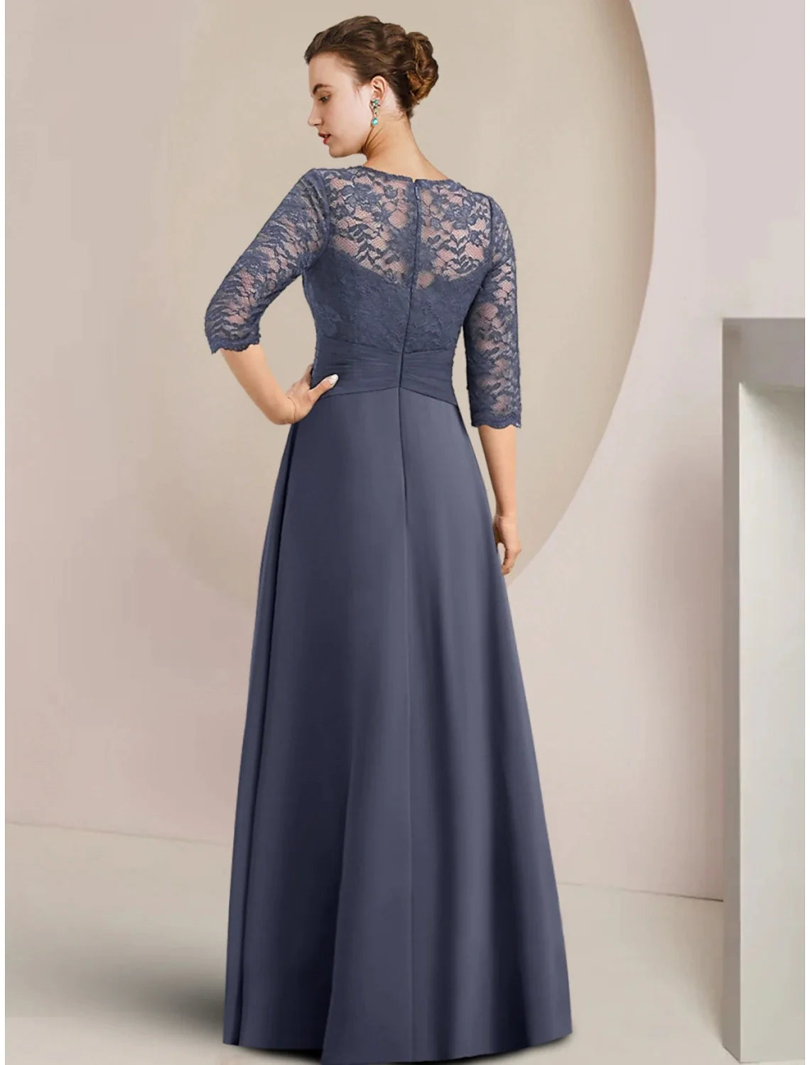 Wholesale A-Line Mother of the Bride Dress Wedding Guest Elegant Jewel Neck Asymmetrical Chiffon Half Sleeve with Lace Crystal Brooch Ruching