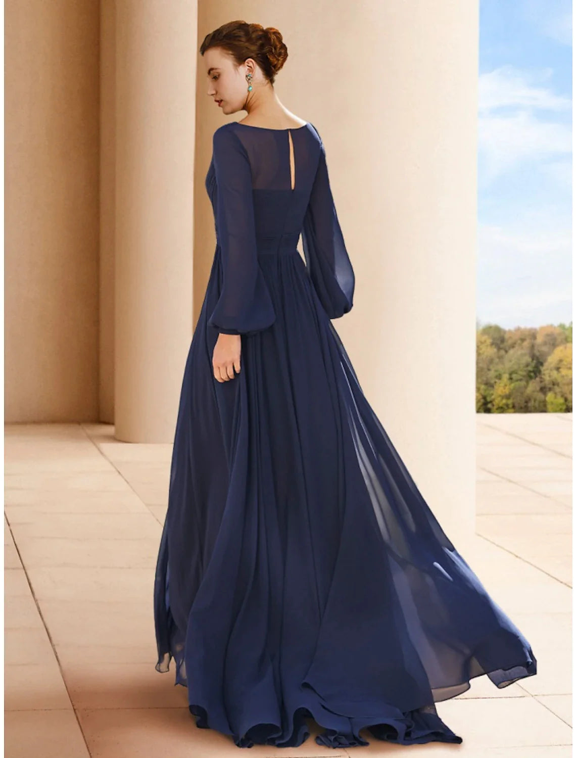 Wholesale A-Line Mother of the Bride Dress Wedding Guest Elegant V Neck Floor Length Chiffon Long Sleeve with Ruching Solid Color