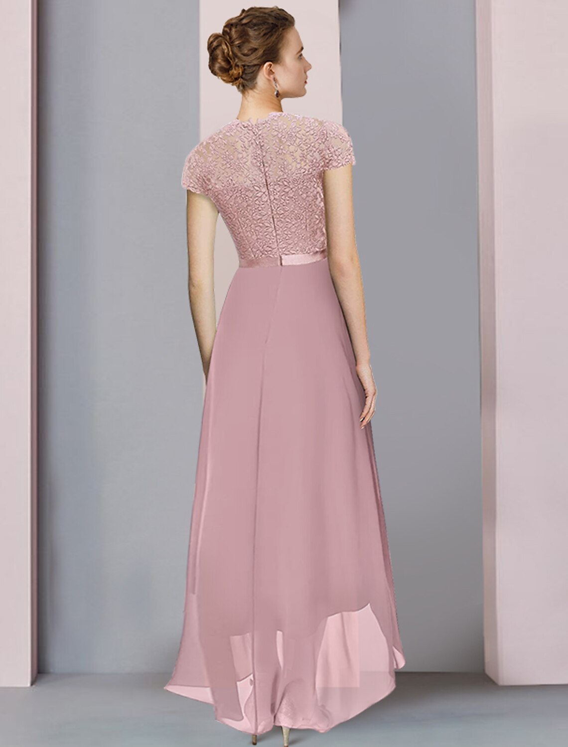 Wholesale  A-Line Mother of the Bride Dress Formal Wedding Guest Elegant High Low Scoop Neck Asymmetrical Tea Length Chiffon Lace Short Sleeve with Pleats